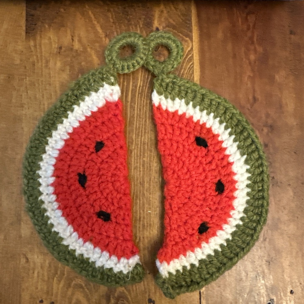 Handmade Crochet Watermelon Pot Holders Set of 2 Red Green Fruit Kitchen Decor